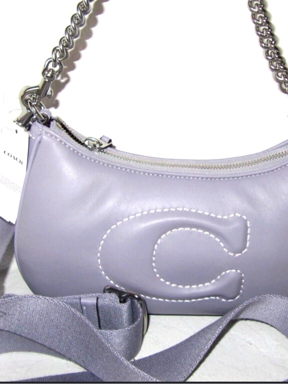Coach Terry Lavender Leather Crossbody Bag with Silver Chain Strap